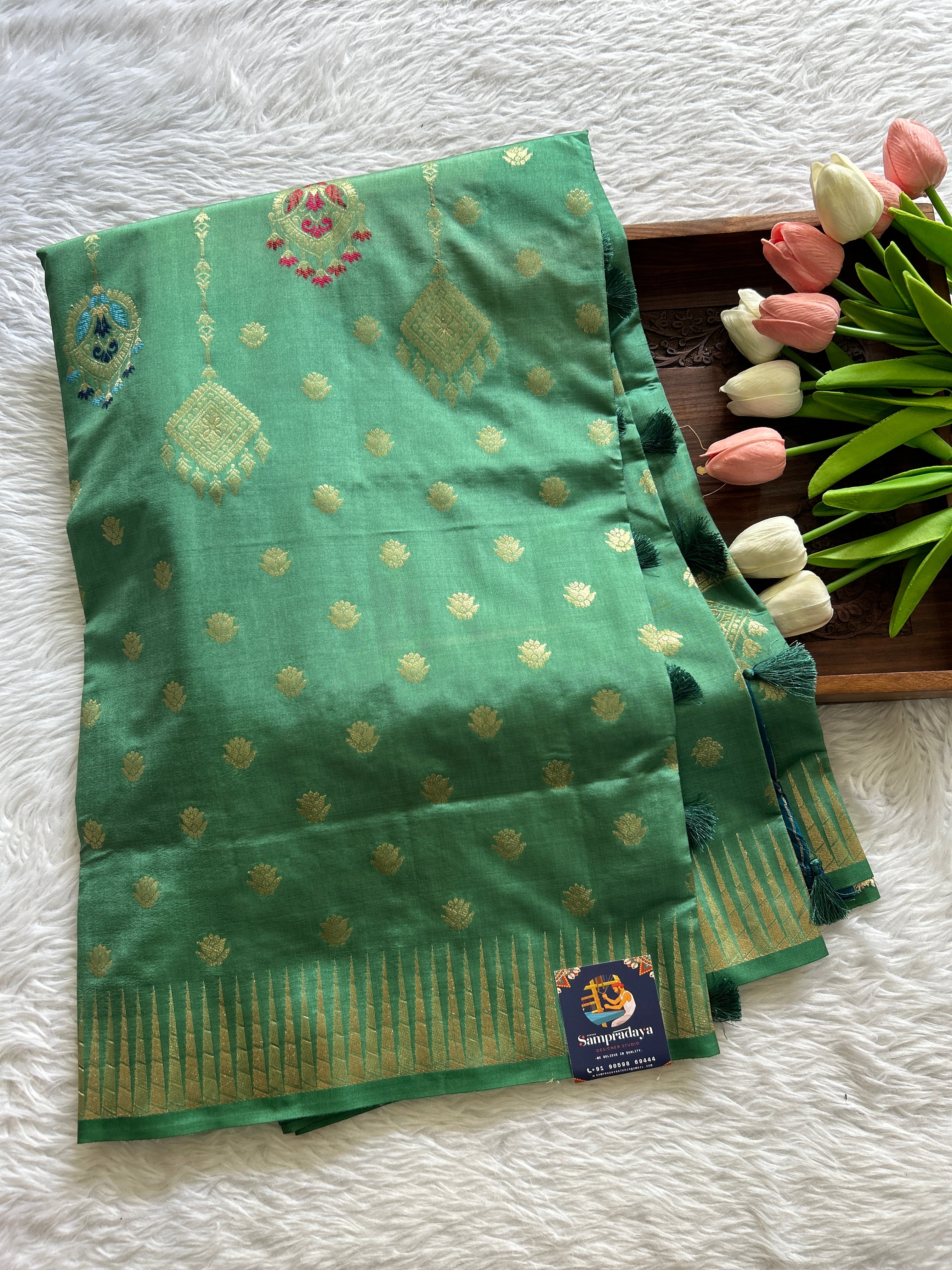 Semi Raw Silk Saree Rama Green Color with a Zari Border. – Sampradaya ...