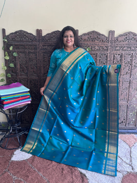Blue Gadwal Silk Saree with Gold Zari Border — Pure Handloom | Silk Mark Certified