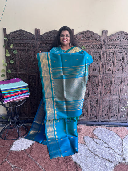 Blue Gadwal Silk Saree with Gold Zari Border — Pure Handloom | Silk Mark Certified