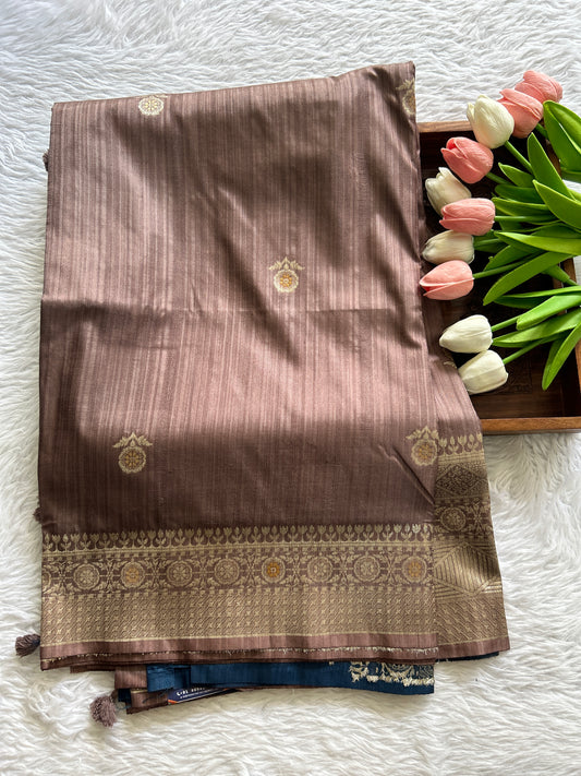 Semi Raw Silk Saree Dark Lavender Colored Complemented with a Zari Border. - Sampradaya Designer Studio