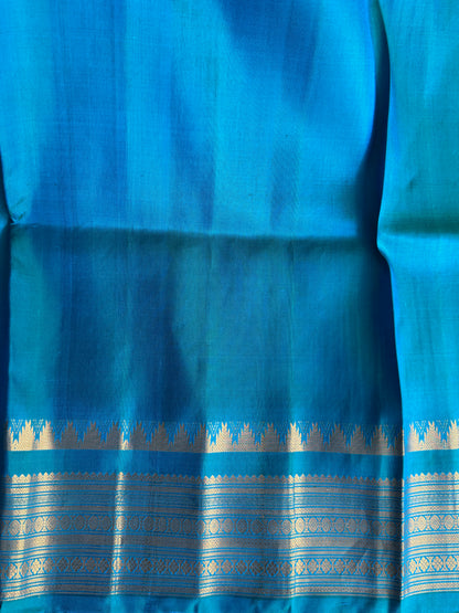 Blue Gadwal Silk Saree with Gold Zari Border — Pure Handloom | Silk Mark Certified