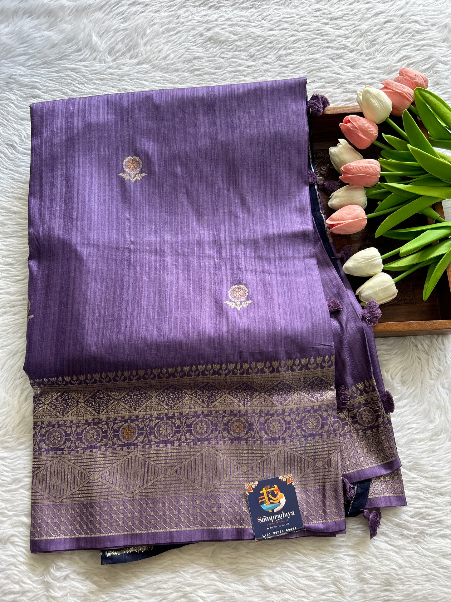 Semi Raw Silk Saree Lavender Colored Complemented with a Zari Border. - Sampradaya Designer Studio