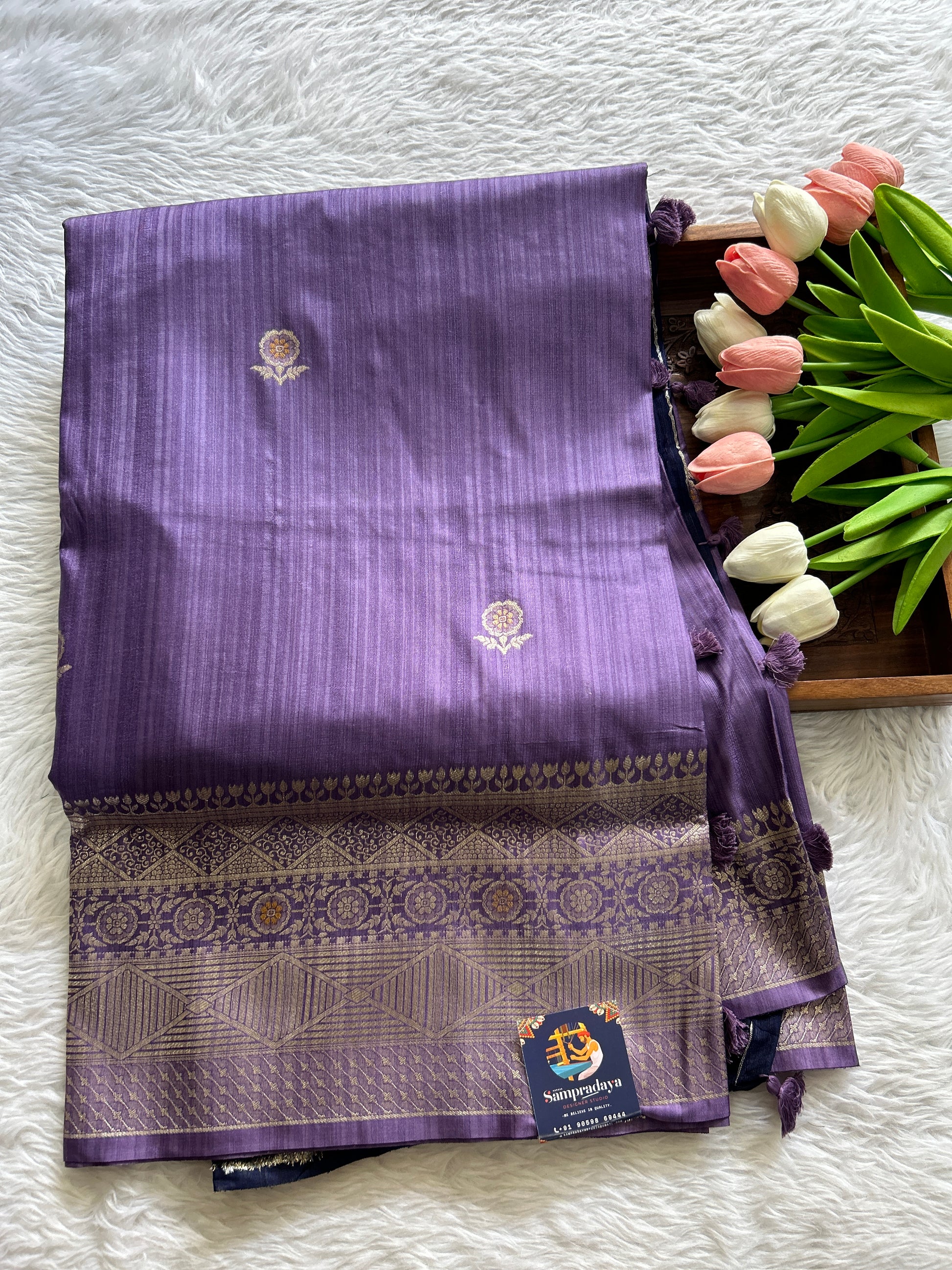 Semi Raw Silk Saree Lavender Colored Complemented with a Zari Border. - Sampradaya Designer Studio