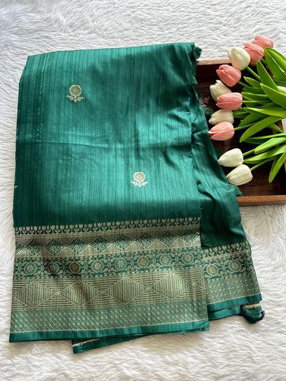 Semi Raw Silk Saree Rama Green Colored Complemented with a Zari Border. - Sampradaya Designer Studio