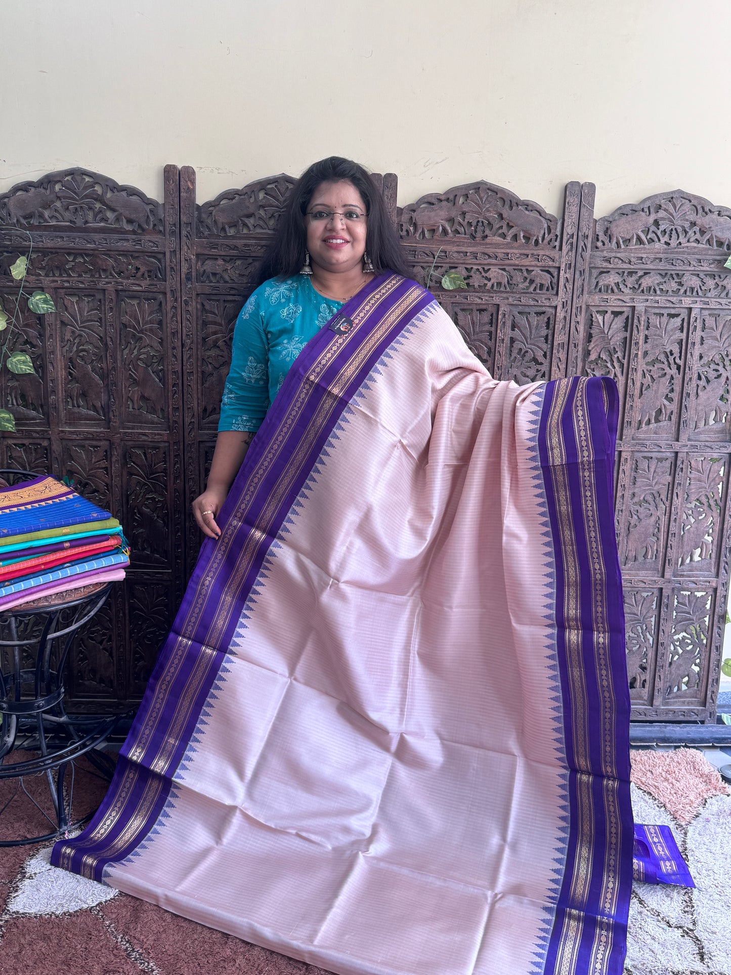 Beige Gadwal Silk Saree with Gold Zari Border — Pure Handloom | Silk Mark Certified