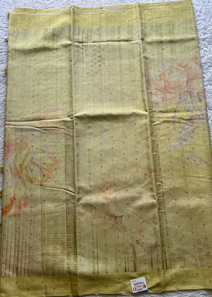 Semi Tussar Saree Lime Yellow Colored complemented with a Plain Border. - Sampradaya Designer Studio