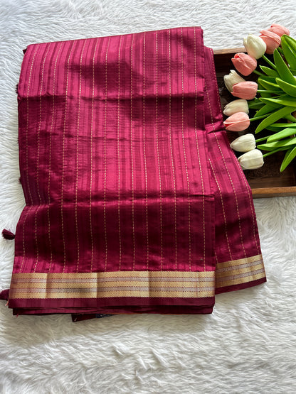Semi Raw Silk Saree Dark Pink Colored Complemented with a Zari Border. - Sampradaya Designer Studio