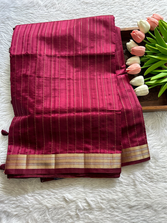 Semi Raw Silk Saree Dark Pink Colored Complemented with a Zari Border. - Sampradaya Designer Studio