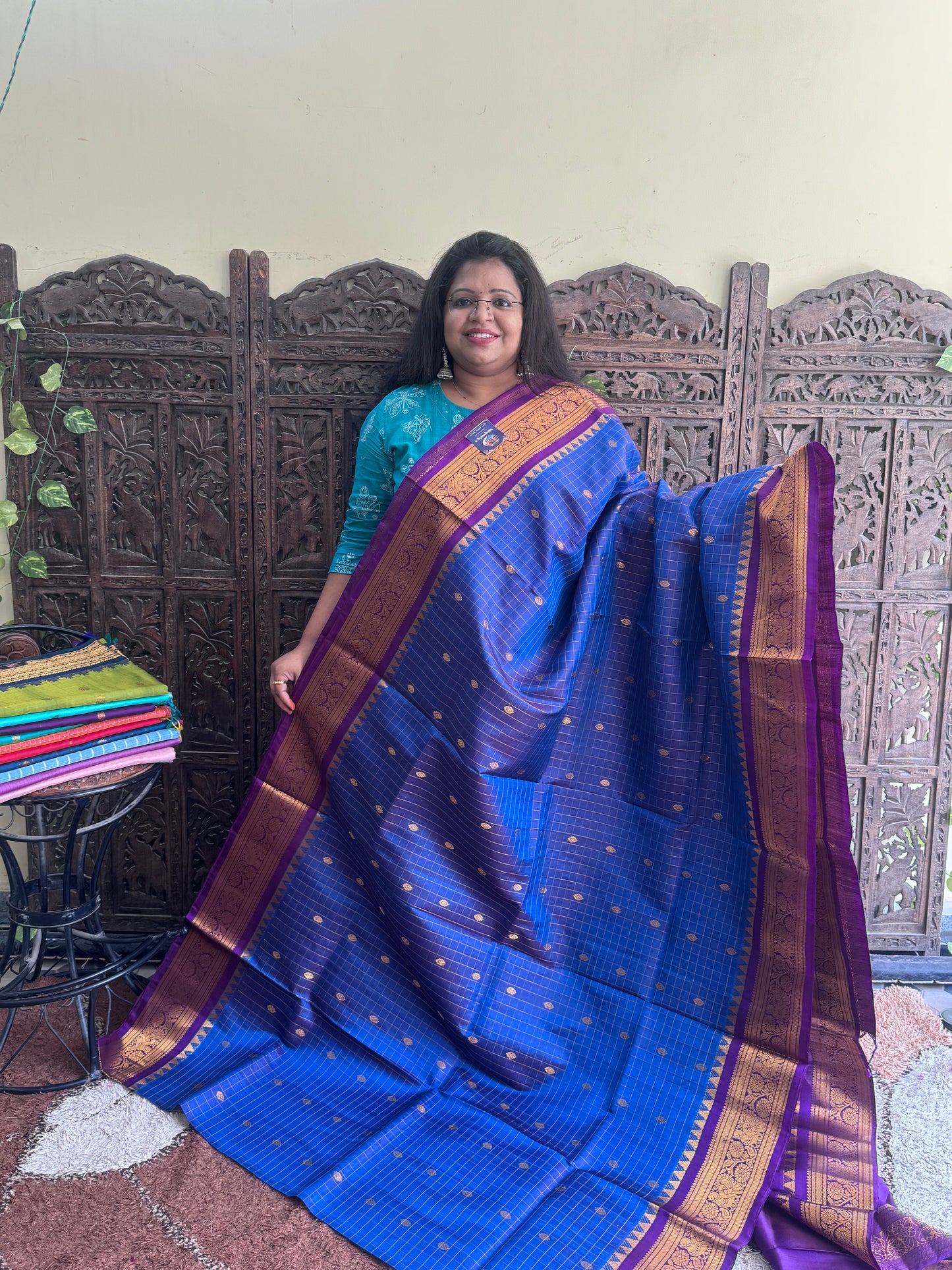 Blue Gadwal Silk Saree with Gold Zari Border — Pure Handloom | Silk Mark Certified