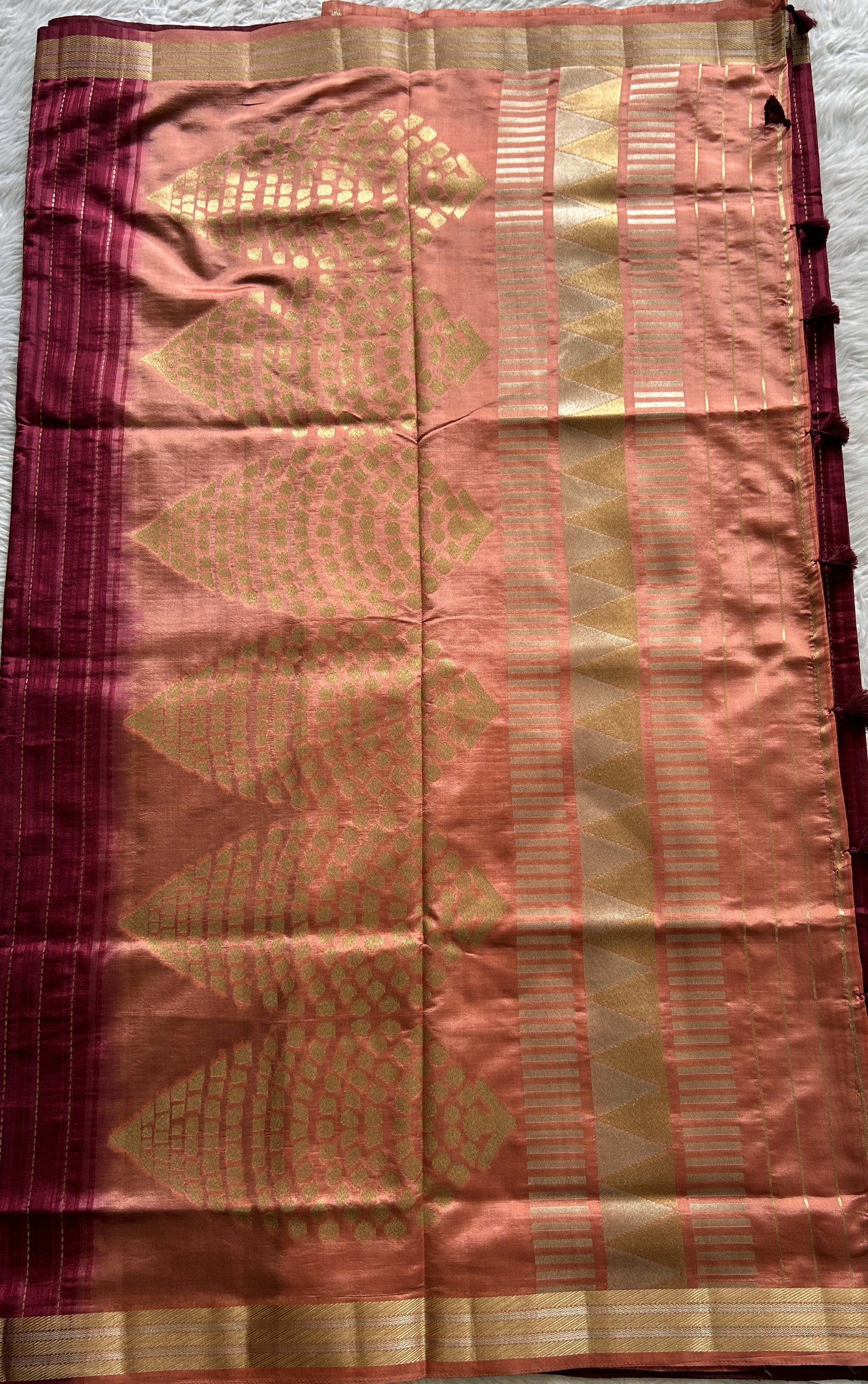 Semi Raw Silk Saree Dark Pink Colored Complemented with a Zari Border. - Sampradaya Designer Studio