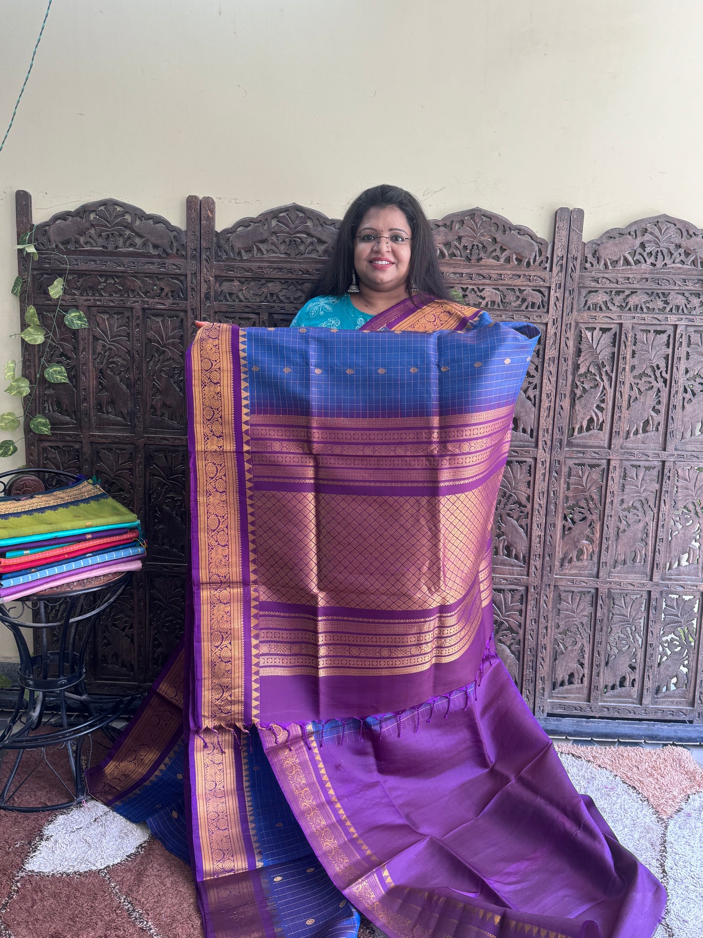 Blue Gadwal Silk Saree with Gold Zari Border — Pure Handloom | Silk Mark Certified