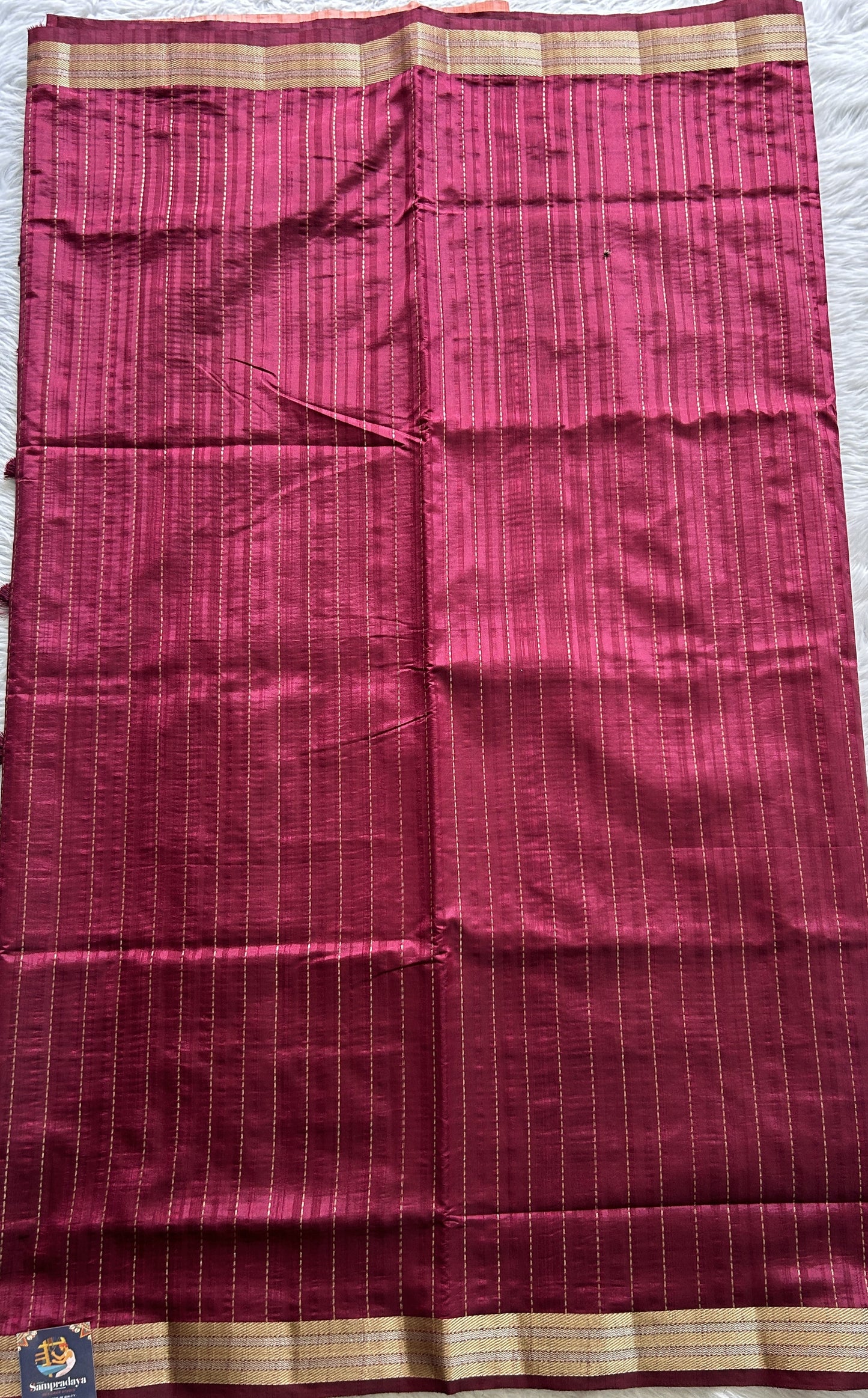 Semi Raw Silk Saree Dark Pink Colored Complemented with a Zari Border. - Sampradaya Designer Studio