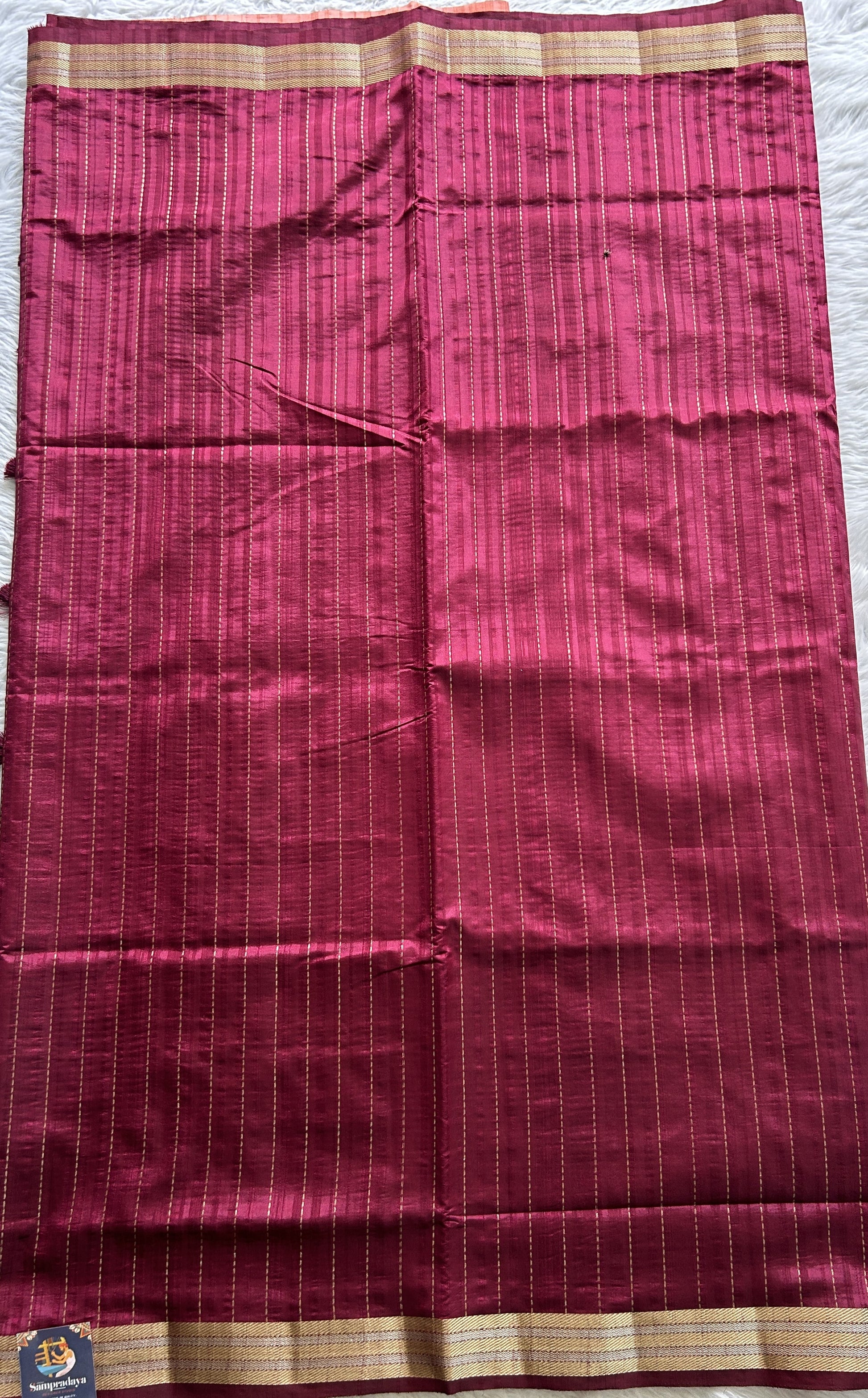 Semi Raw Silk Saree Dark Pink Colored Complemented with a Zari Border. - Sampradaya Designer Studio