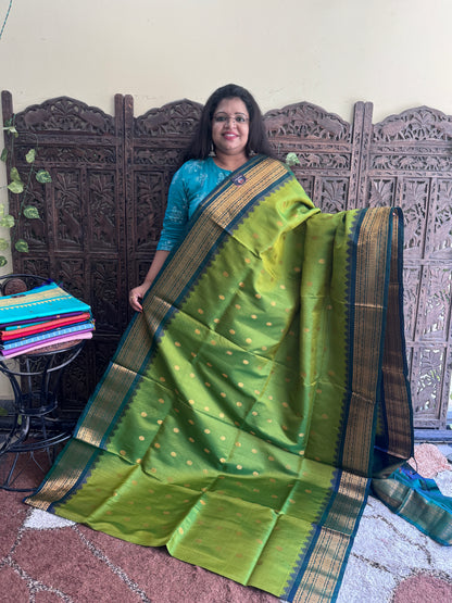 Green Gadwal Silk Saree with Gold Zari Border — Pure Handloom | Silk Mark Certified