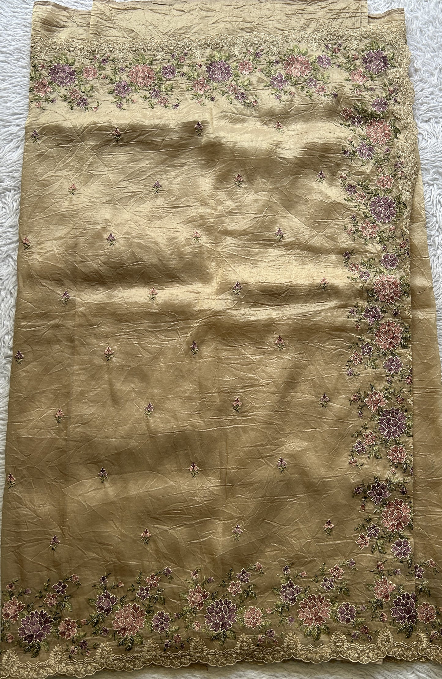 Inox Silk Saree Cream Colored Elegantly Paired with a Machine Embroidery Border. - Sampradaya Designer Studio