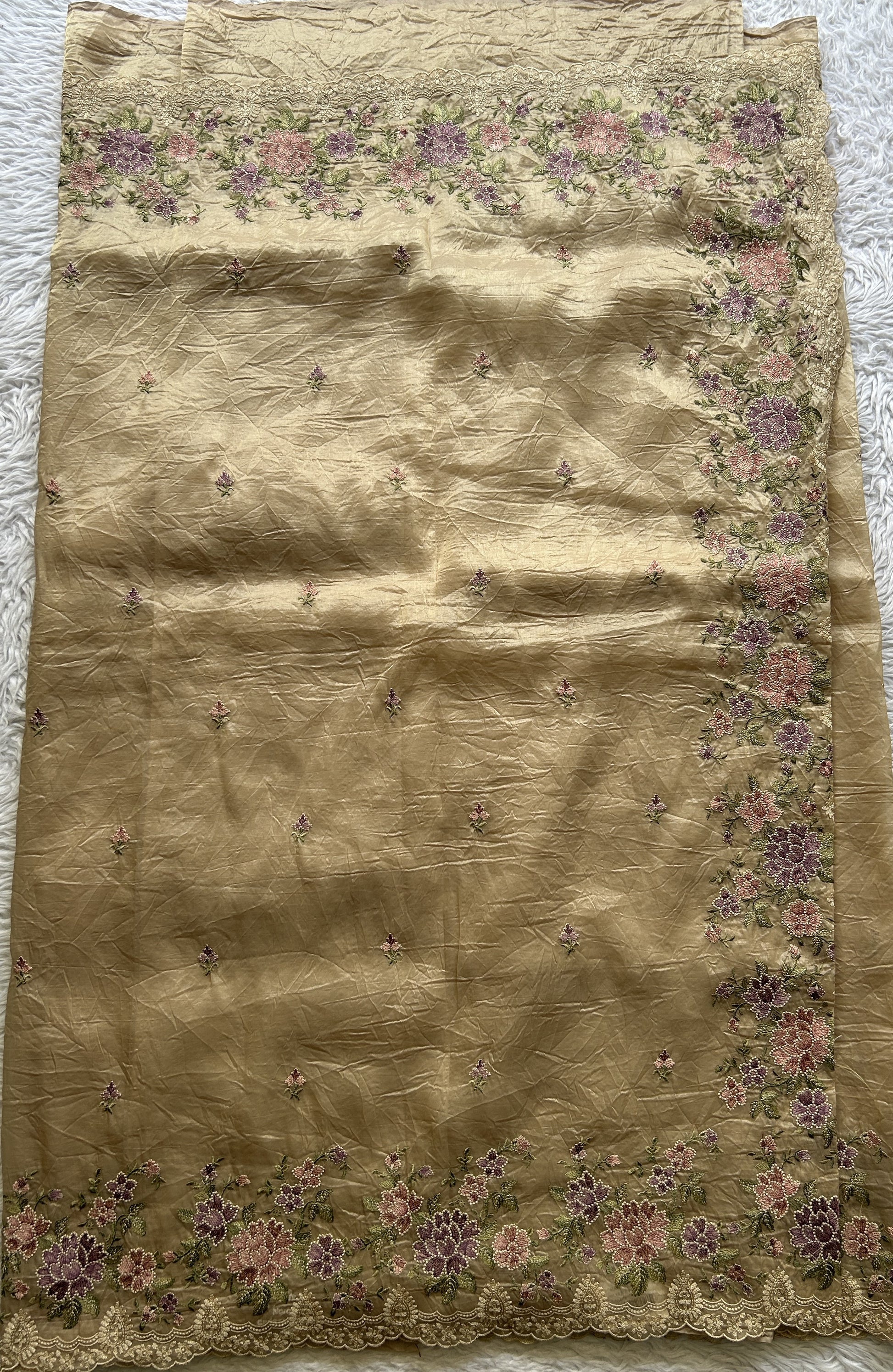 Inox Silk Saree Cream Colored Elegantly Paired with a Machine Embroidery Border. - Sampradaya Designer Studio