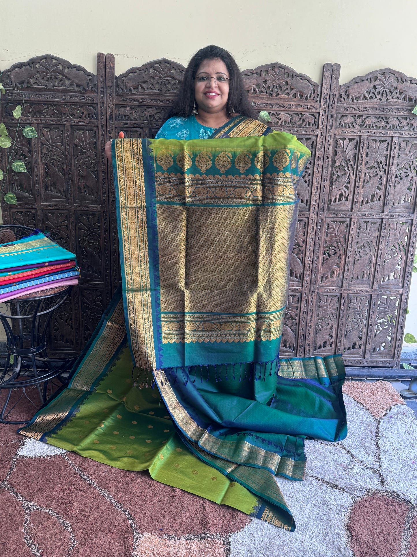Green Gadwal Silk Saree with Gold Zari Border — Pure Handloom | Silk Mark Certified