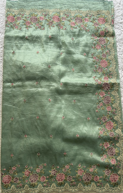 Inox Silk Saree Sea Blue Colored Elegantly Paired with a Machine Embroidery Border. - Sampradaya Designer Studio