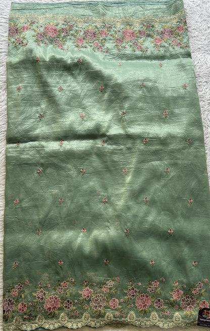 Inox Silk Saree Sea Blue Colored Elegantly Paired with a Machine Embroidery Border. - Sampradaya Designer Studio