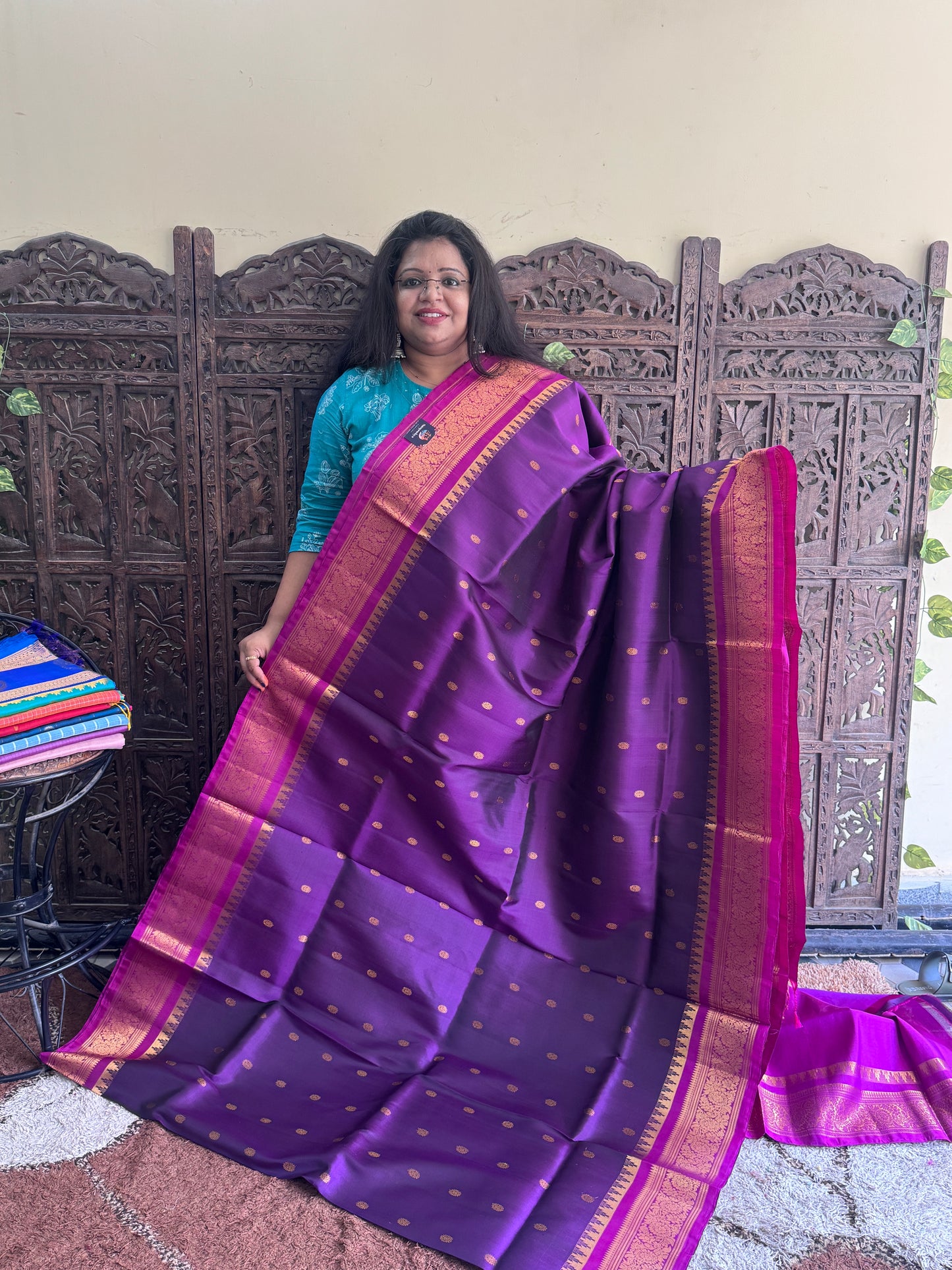 Purple Gadwal Silk Saree with Gold Zari Border — Pure Handloom | Silk Mark Certified