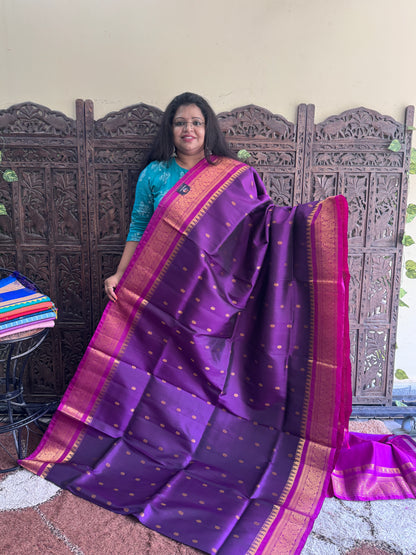 Purple Gadwal Silk Saree with Gold Zari Border — Pure Handloom | Silk Mark Certified