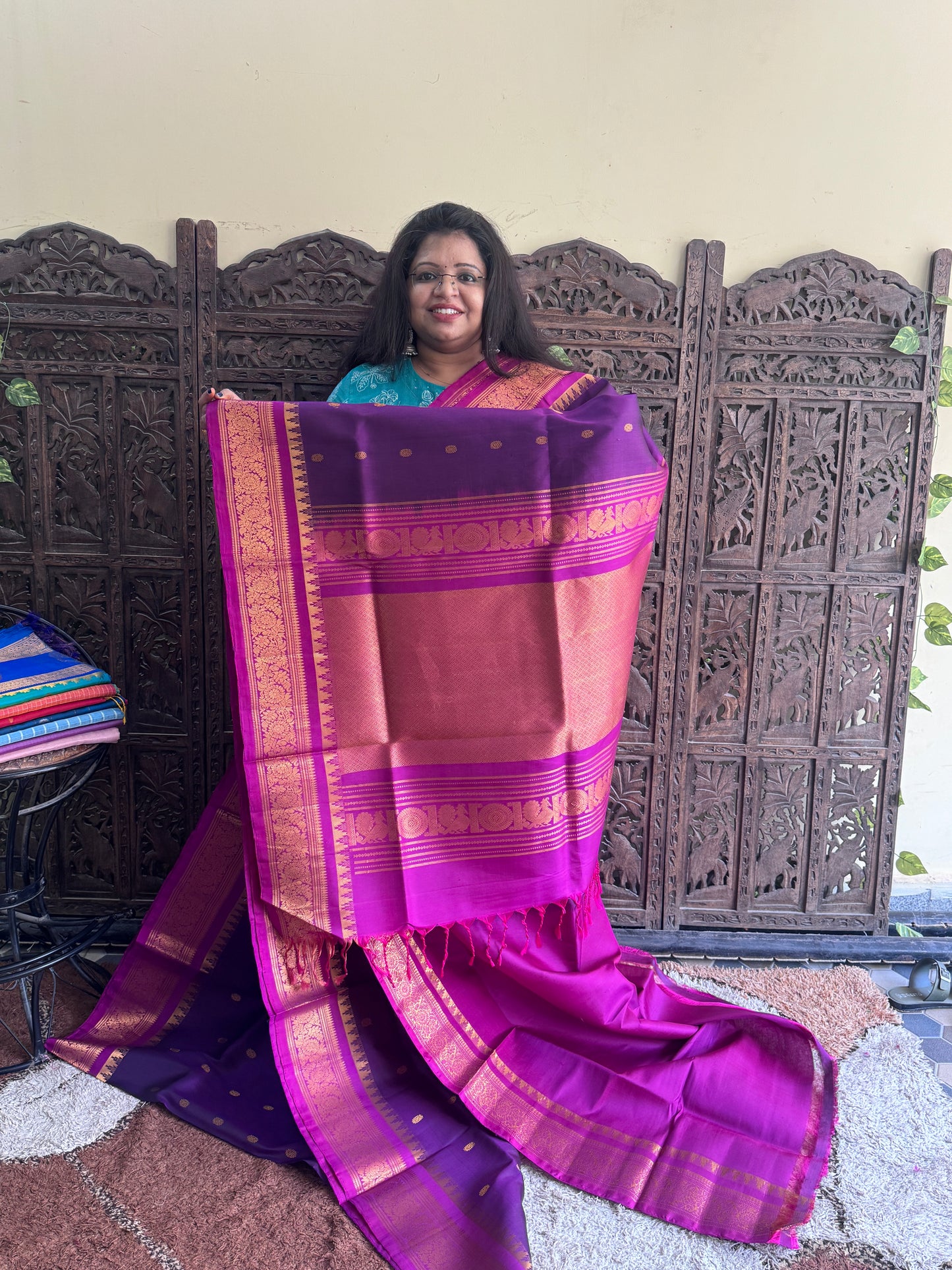 Purple Gadwal Silk Saree with Gold Zari Border — Pure Handloom | Silk Mark Certified