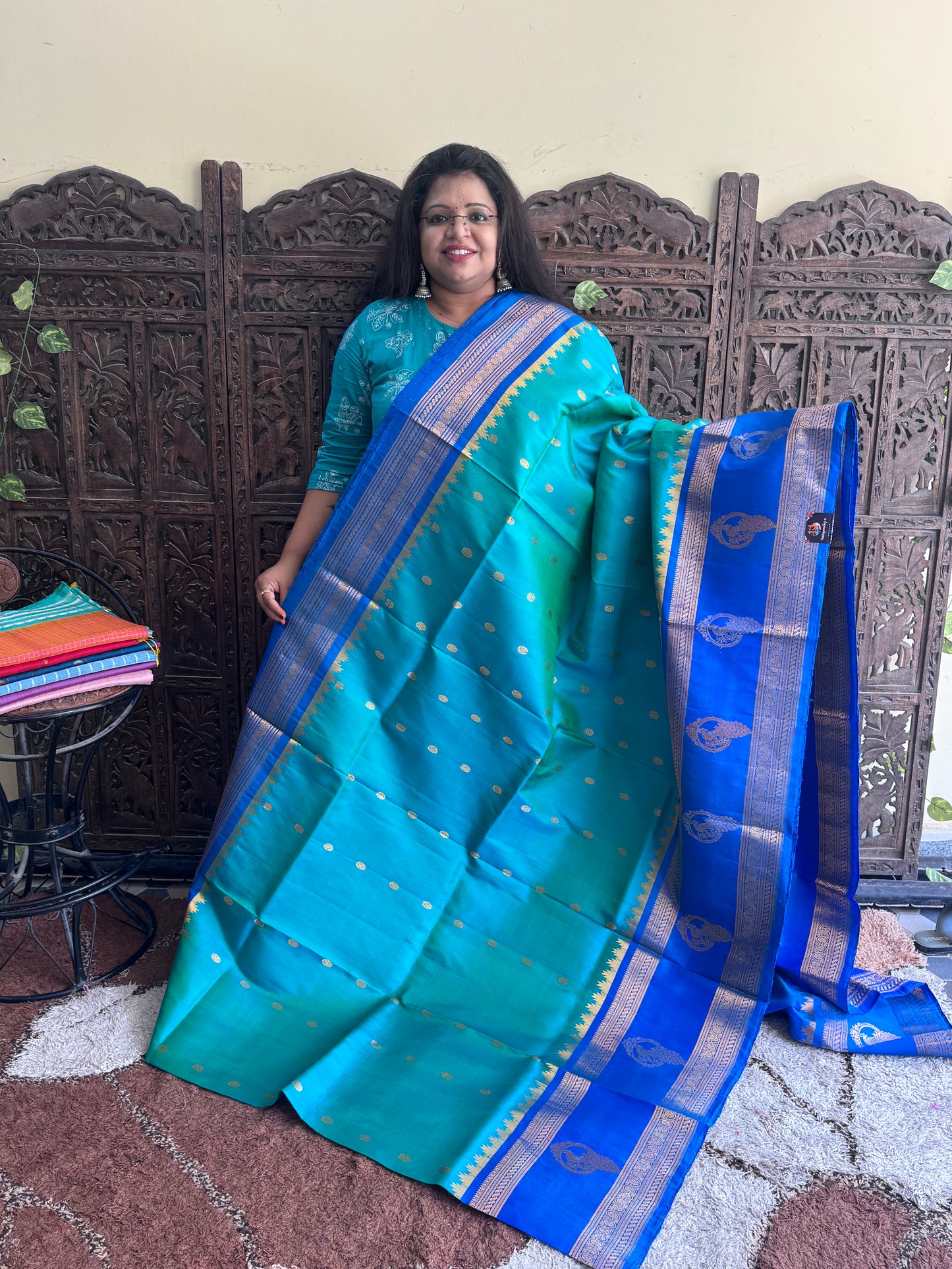 Blue Gadwal Silk Saree with Gold Zari Border — Pure Handloom | Silk Mark Certified