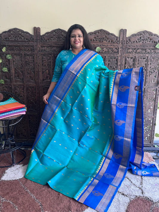 Blue Gadwal Silk Saree with Gold Zari Border — Pure Handloom | Silk Mark Certified