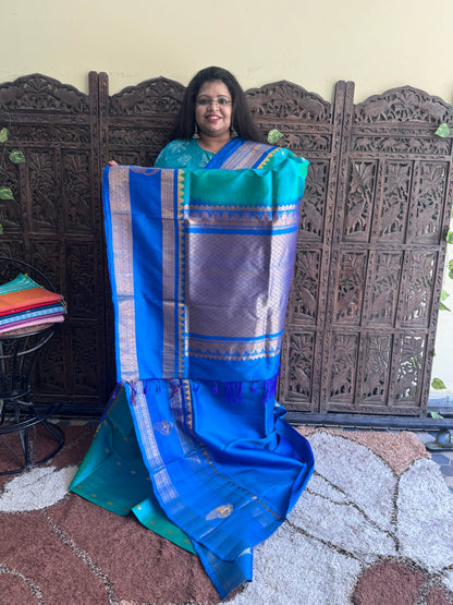 Blue Gadwal Silk Saree with Gold Zari Border — Pure Handloom | Silk Mark Certified