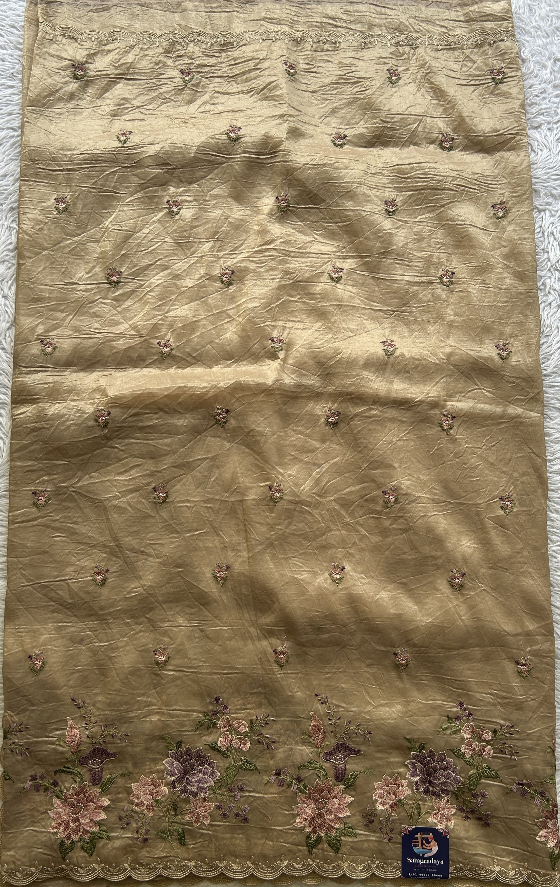 Inox Silk Saree Beige Colored Elegantly Paired with a Machine Embroidery Border. - Sampradaya Designer Studio