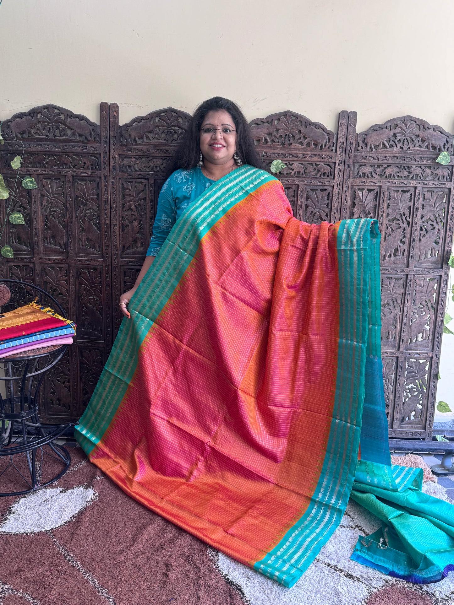 Orange Gadwal Silk Saree with Gold Zari Border — Pure Handloom | Silk Mark Certified