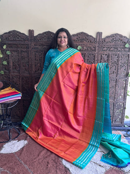 Orange Gadwal Silk Saree with Gold Zari Border — Pure Handloom | Silk Mark Certified