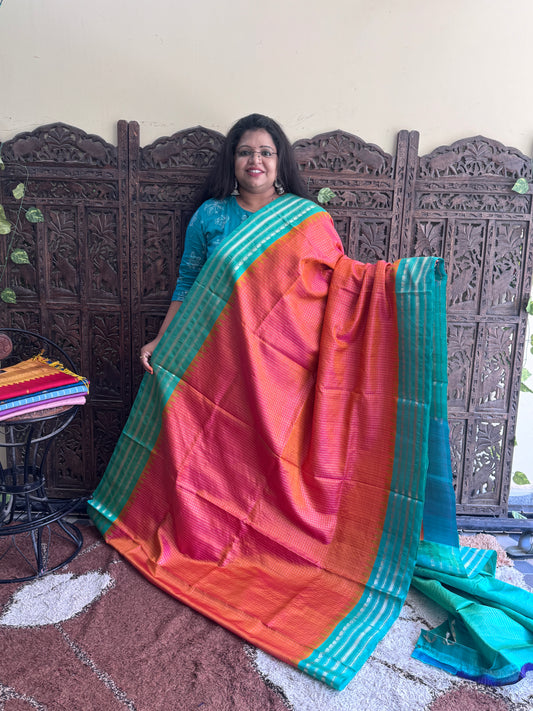 Orange Gadwal Silk Saree with Gold Zari Border — Pure Handloom | Silk Mark Certified