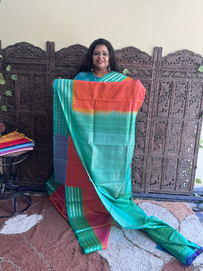 Orange Gadwal Silk Saree with Gold Zari Border — Pure Handloom | Silk Mark Certified