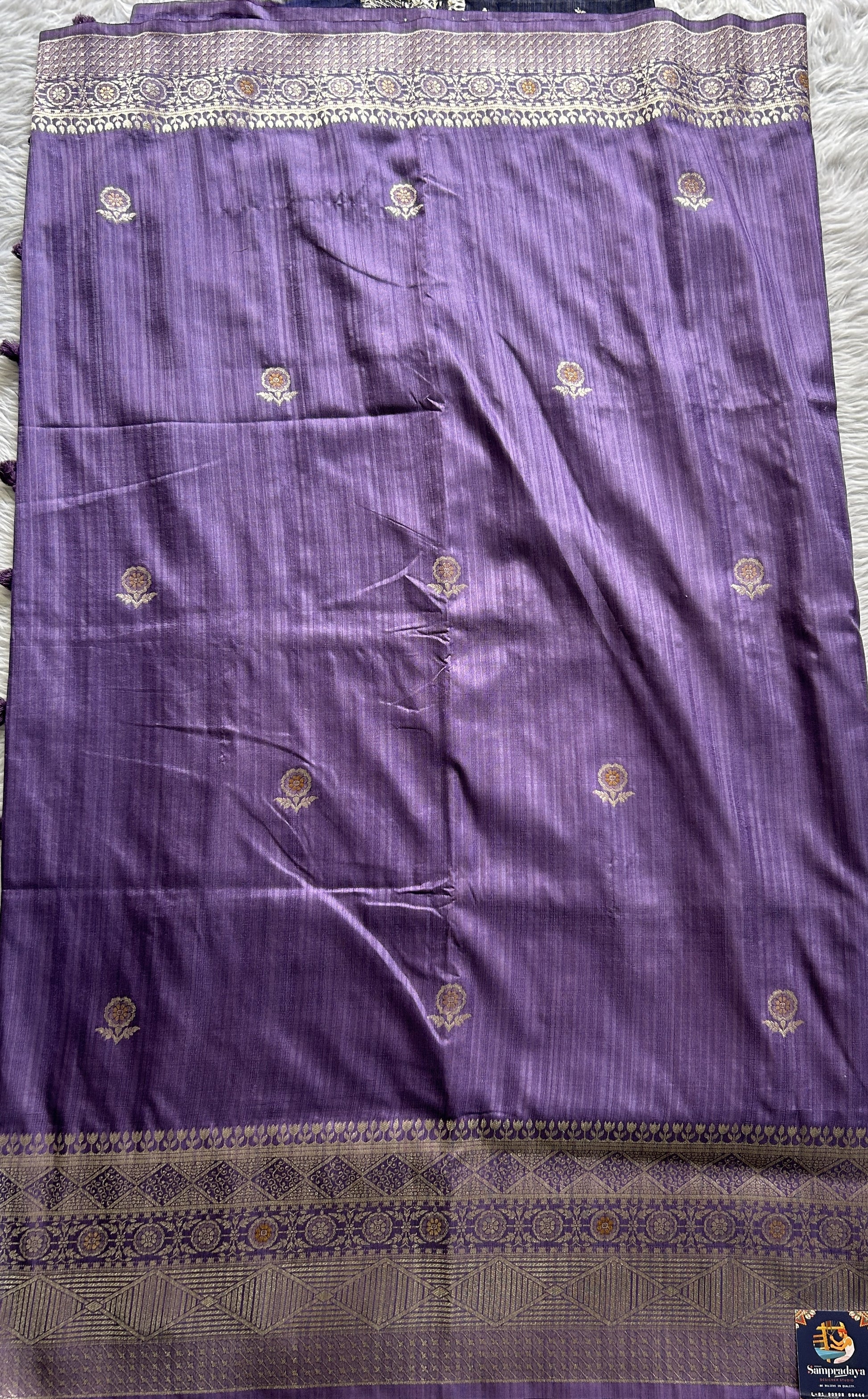 Semi Raw Silk Saree Lavender Colored Complemented with a Zari Border. - Sampradaya Designer Studio