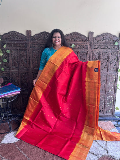Red Gadwal Silk Saree with Gold Zari Border — Pure Handloom | Silk Mark Certified