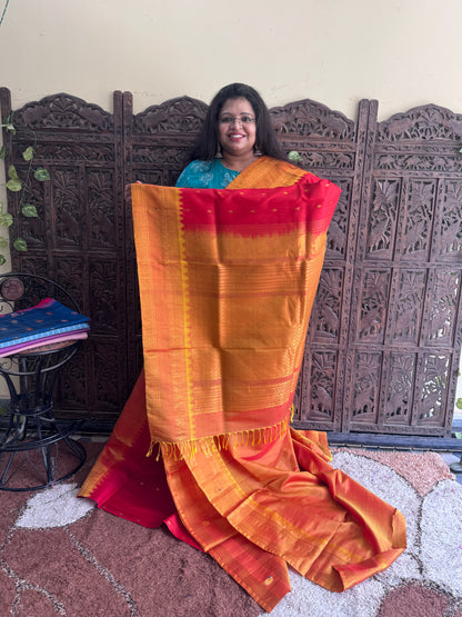 Red Gadwal Silk Saree with Gold Zari Border — Pure Handloom | Silk Mark Certified