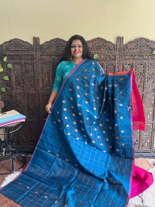 Blue Gadwal Silk Saree with Gold Zari Border — Pure Handloom | Silk Mark Certified