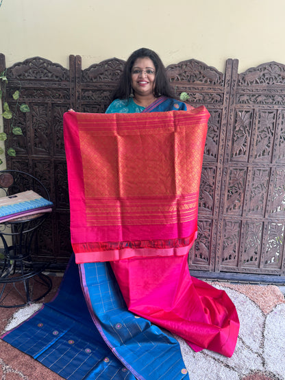Blue Gadwal Silk Saree with Gold Zari Border — Pure Handloom | Silk Mark Certified