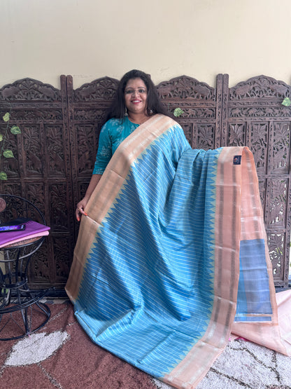Sky Blue Gadwal Silk Saree with Gold Zari Border — Pure Handloom | Silk Mark Certified