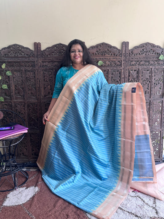 Sky Blue Gadwal Silk Saree with Gold Zari Border — Pure Handloom | Silk Mark Certified