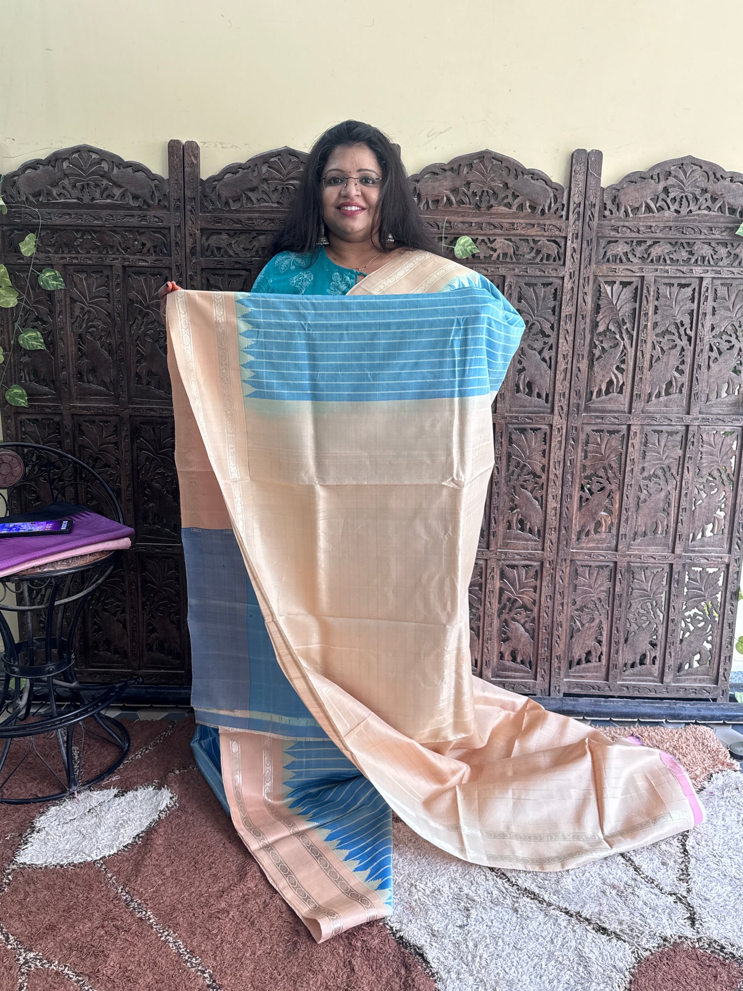Sky Blue Gadwal Silk Saree with Gold Zari Border — Pure Handloom | Silk Mark Certified