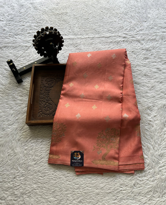 Mona Silk Saree Peach Colored Complemented with a Mushrur Border. - Sampradaya Designer Studio