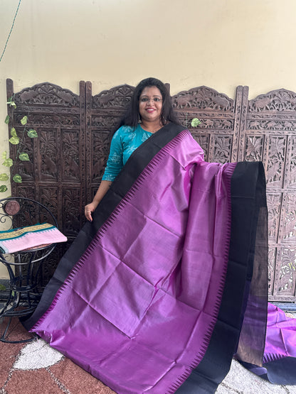 Violet Gadwal Silk Saree with Gold Zari Border — Pure Handloom | Silk Mark Certified