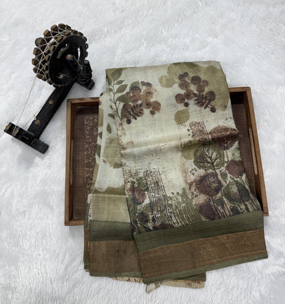 Pure Tussar Silk Saree Light Olive Color Complemented with a Zari Border.