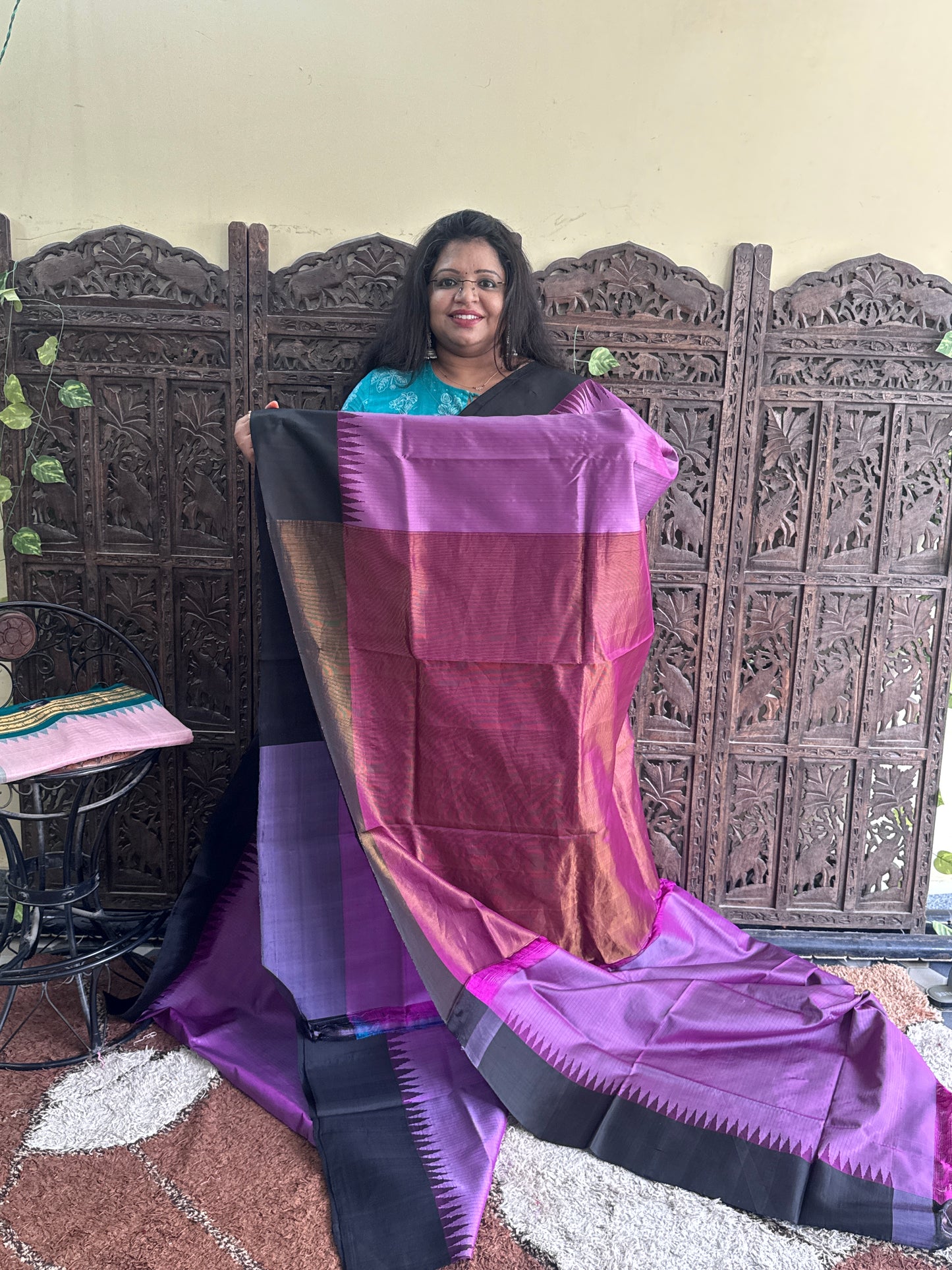 Violet Gadwal Silk Saree with Gold Zari Border — Pure Handloom | Silk Mark Certified