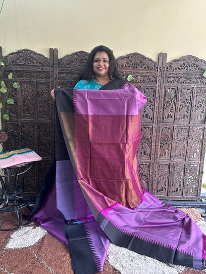 Violet Gadwal Silk Saree with Gold Zari Border — Pure Handloom | Silk Mark Certified