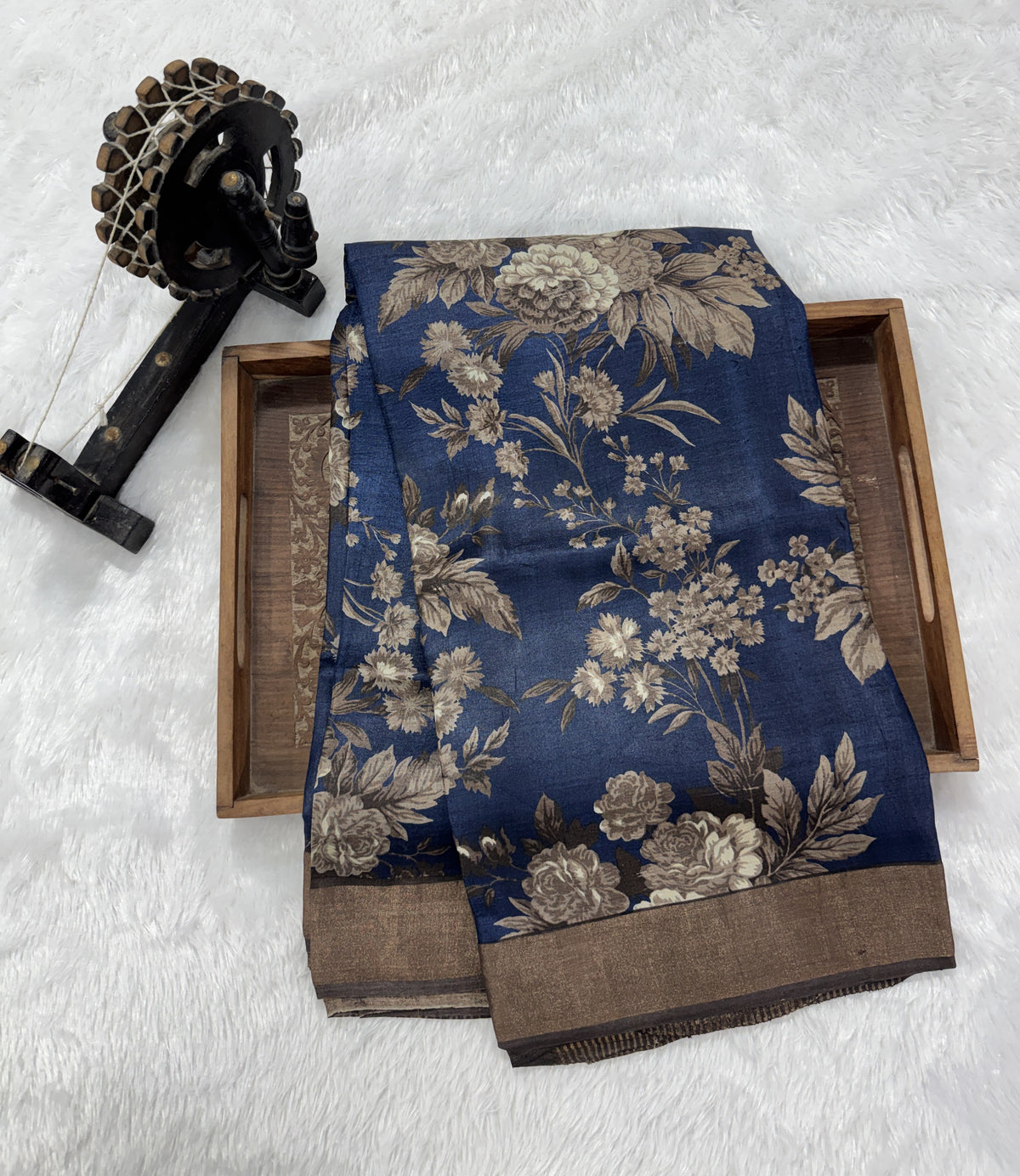 Pure Tussar Silk Saree Navy Blue Color Complemented with a Zari Border.