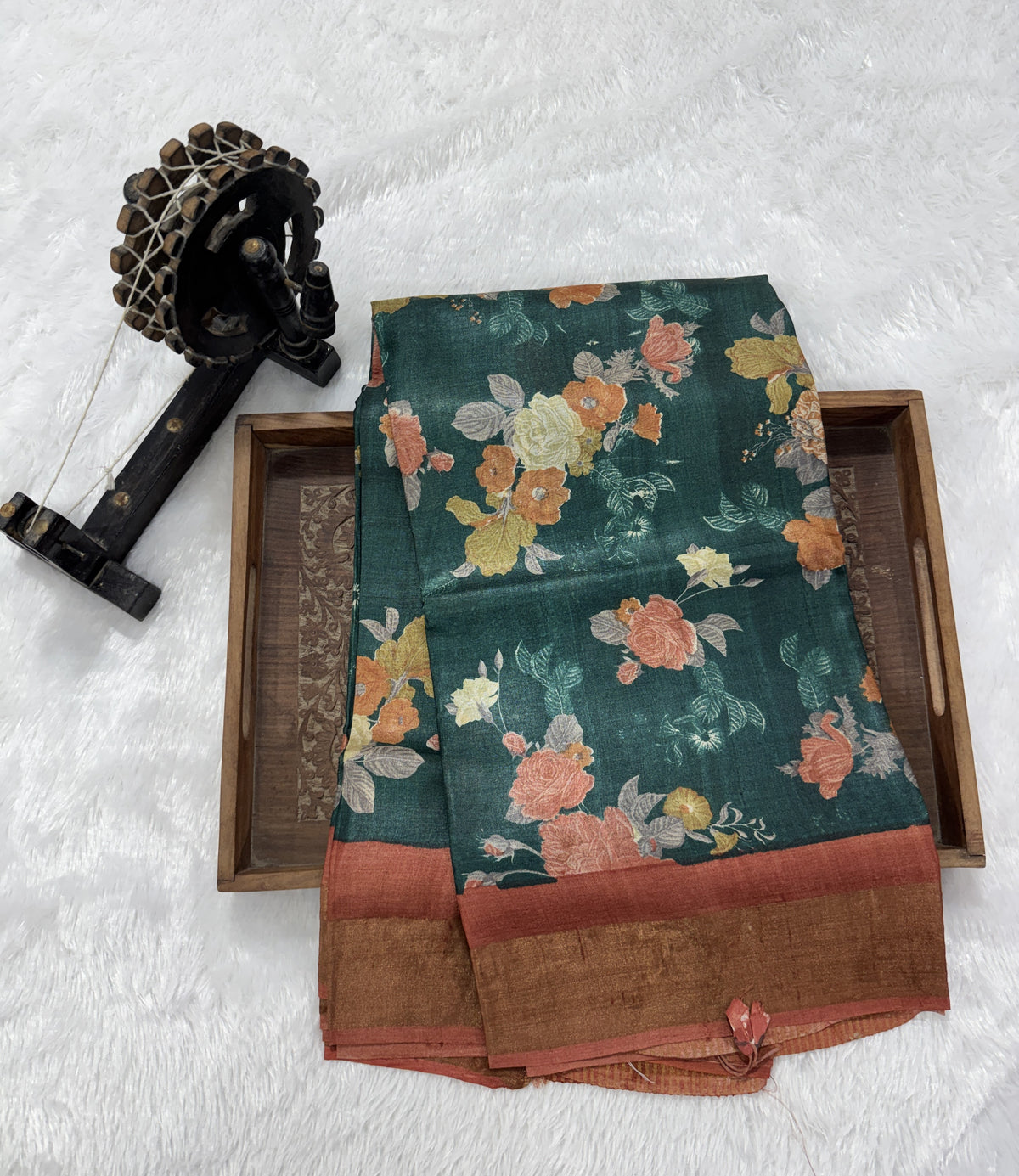 Pure Tussar Silk Saree Teal Green Color Complemented with a Zari Border.