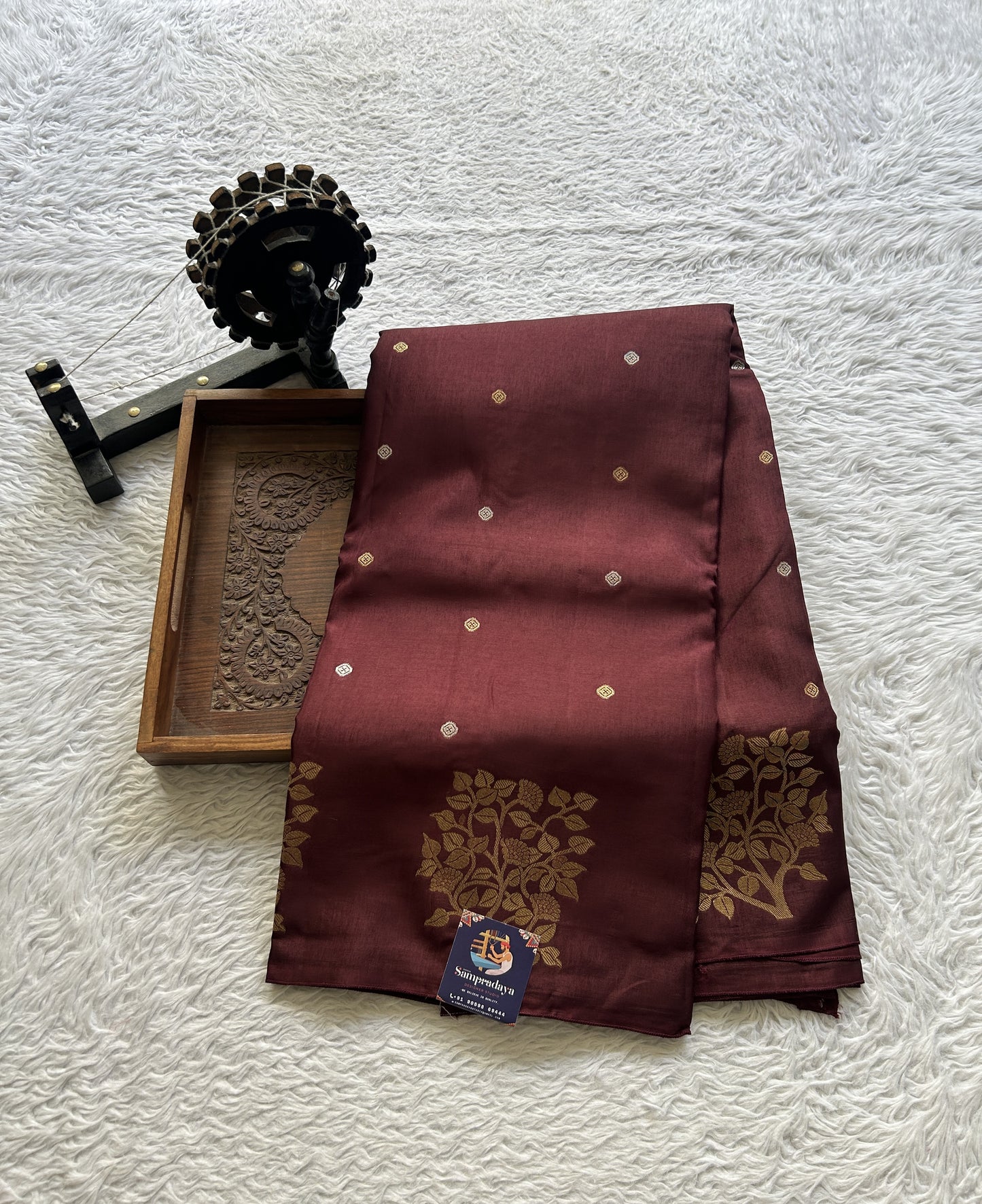 Mona Silk Saree Dark Brown Colored Complemented with a Buti Border. - Sampradaya Designer Studio